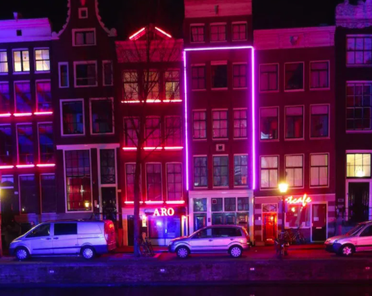 a building lit up at night