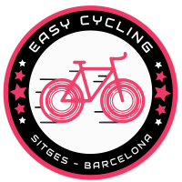 Pink bicycle logo with text 'Easy Cycling Sitges - Barcelona' and stars.