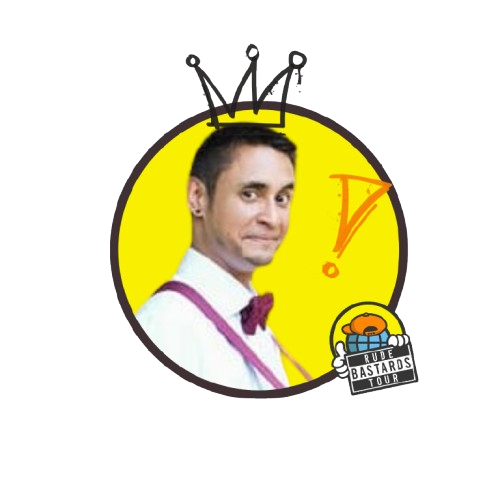 Illustration of a man with crown, yellow background, wearing a bow tie with 'Rude Bastards Tour' sticker.