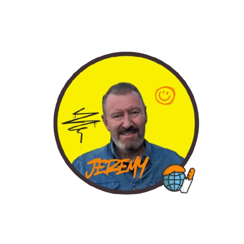 Man's photo in yellow circle with smiley, scribbles, 'JEEZEMY,' globe, and pencil.