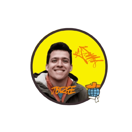 Smiling person in a circle with yellow background, orange sweater, and graffiti text.