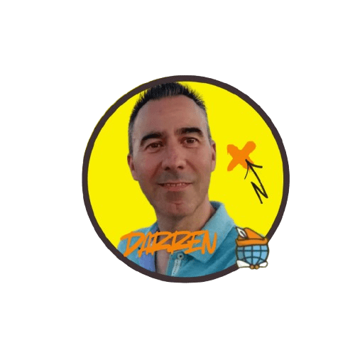 Man in a yellow circular frame with orange text and a small cartoon rocket.