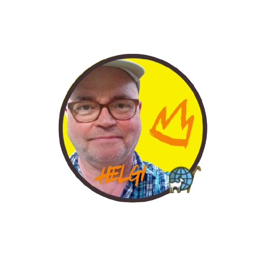 Man with glasses and cap on yellow background with crown and globe icons.