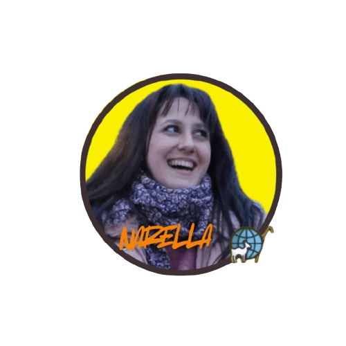 Woman smiling, wearing a scarf in a circular frame with bright yellow background.