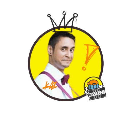 Man with bow tie drawn in cartoon style, crown doodle, yellow background.