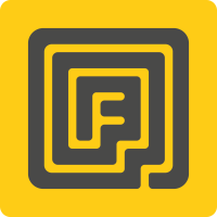 Yellow square with a dark gray, stylized letter 'F' maze design.