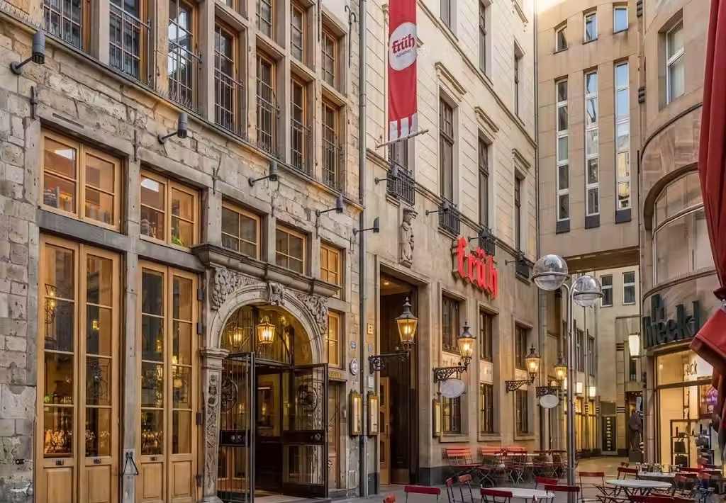 Exterior of Früh am Dom brewery and restaurant in the heart of Cologne's Altstadt