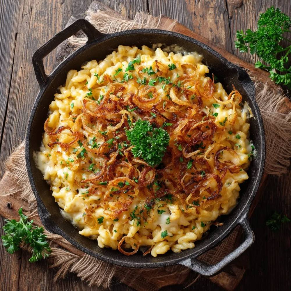 Cheesy pasta with fried onions and parsley in a skillet on a wooden table.
