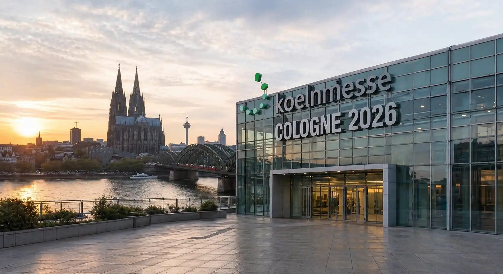 Koelnmesse exhibition center entrance with Cologne Cathedral and Hohenzollern Bridge at sunset, trade fairs 2026.