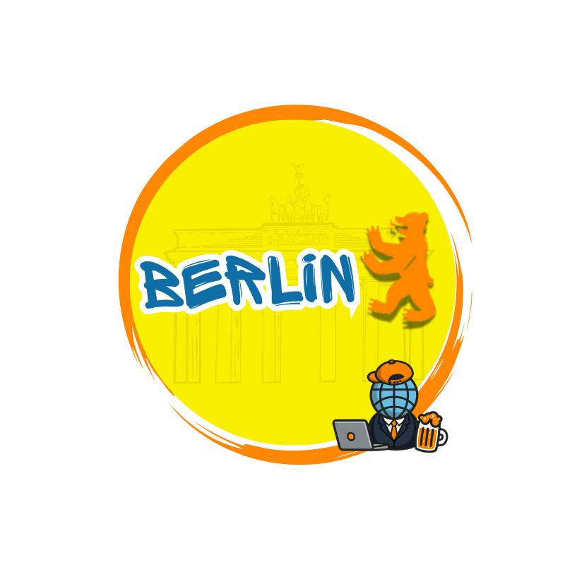 Can you handle it Tours Logo with 'Berlin', bear silhouette, Brandenburg Gate outline, person globe head, laptop, and beer mug.