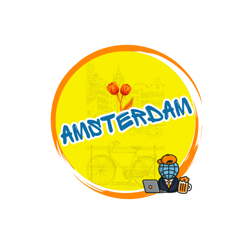 Can you handle it Tours logog with Yellow circle with tulips, bicycle, and text 'Amsterdam' with a globe character holding a mug and laptop.