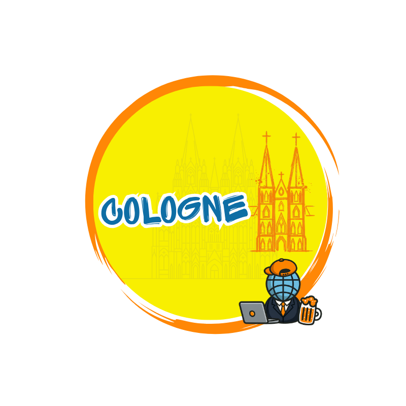 Can you handle it tours logo with cartoon globe with laptop and beer in front of Cologne cathedral sketch.