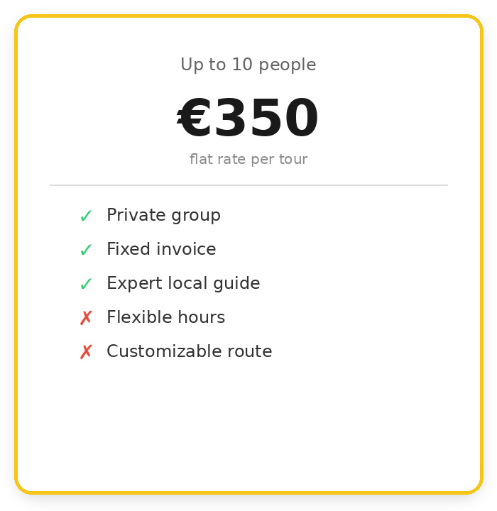 Tour offer: €350 for up to 10 people, private group, fixed invoice, expert guide, no flexible hours or route.
