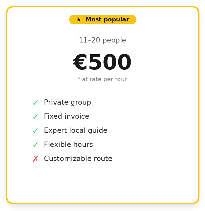 Tour package for 11-20 people, €500, includes guide and flexible hours.