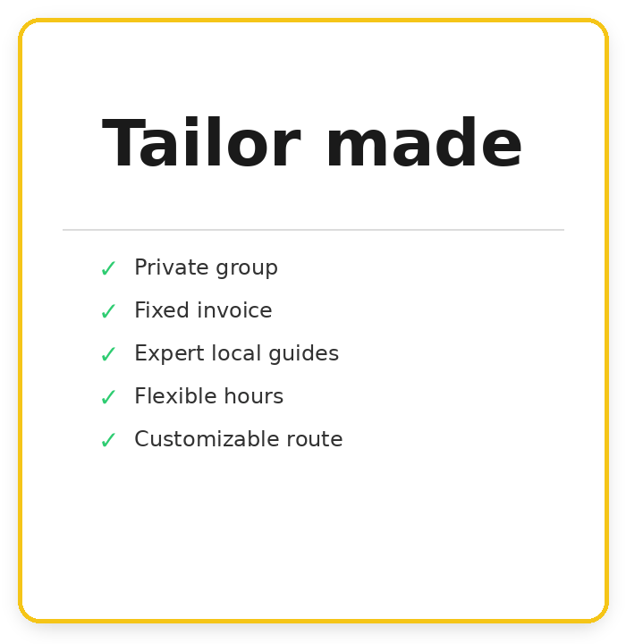 Text: Tailor made with a list of features and checkmarks.
