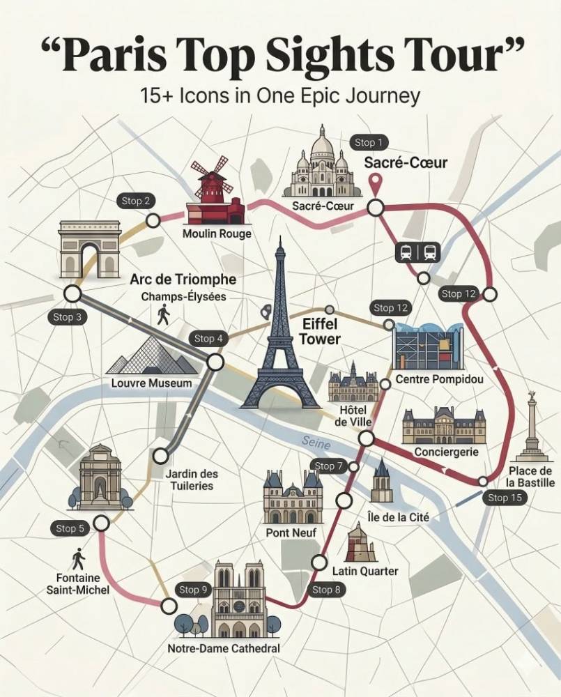 Illustrated Paris tour map with landmarks and numbered path including the Eiffel Tower and Notre-Dame.