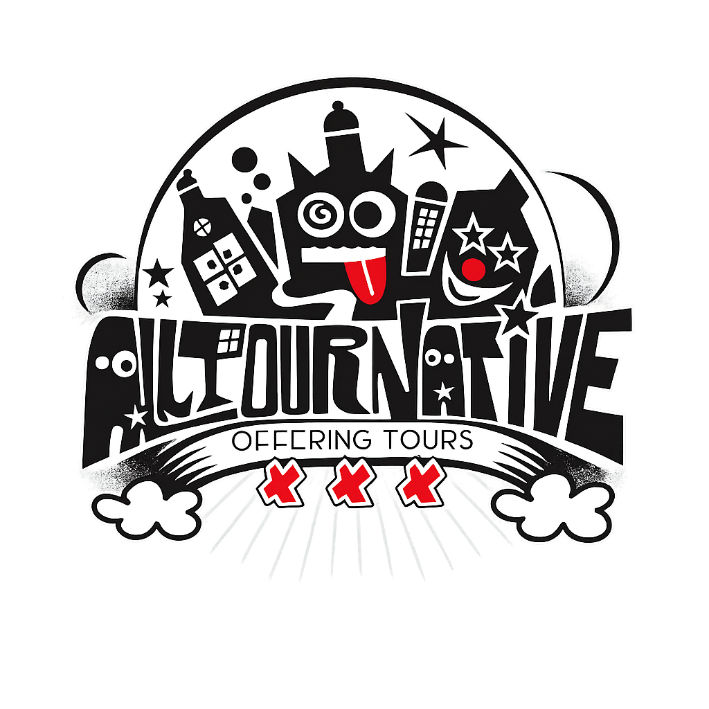 Artistic logo with 'Alternative Offering Tours' text, buildings, eyes, and stars.