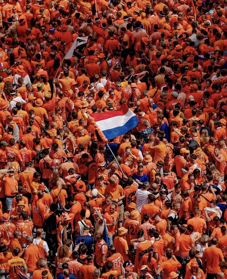Large crowd in orange with a Netherlands flag in the center.