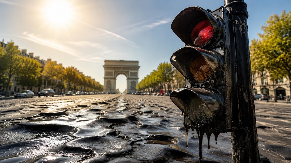 Traffic light melting on a sunny street near the Arc de Triomphe.